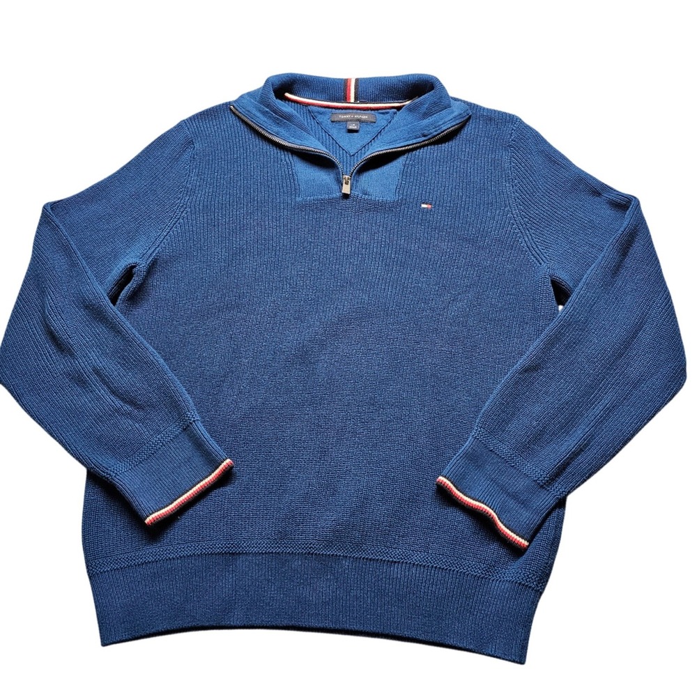 Tommy Hilfiger Quarter Zip Sweater Mens Large Blue Ribbed Cotton Pullover Preppy